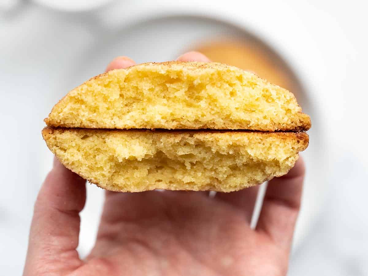 A hand holding a snickerdoodle cookie broken in half