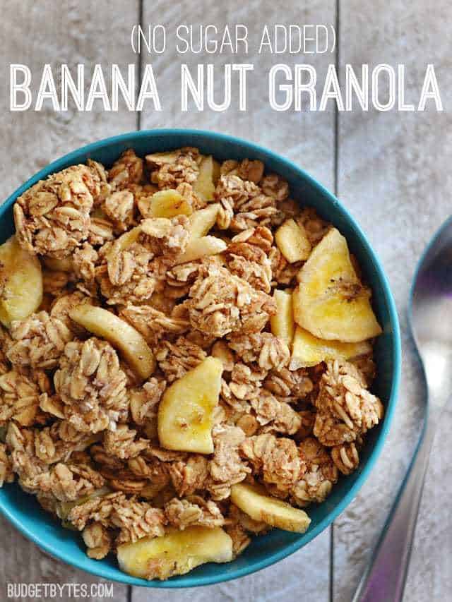 Top view of a bowl of Banana Nut Granola