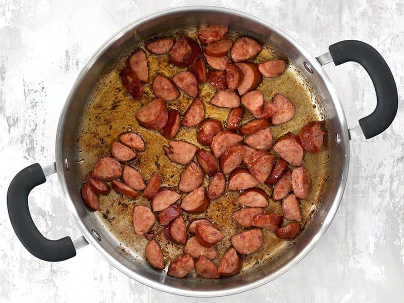 Brown Smoked Sausage in the pot