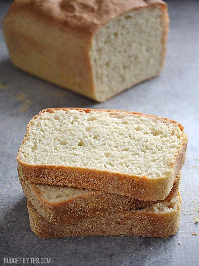 Three slices of English Muffin Bread in a stack 