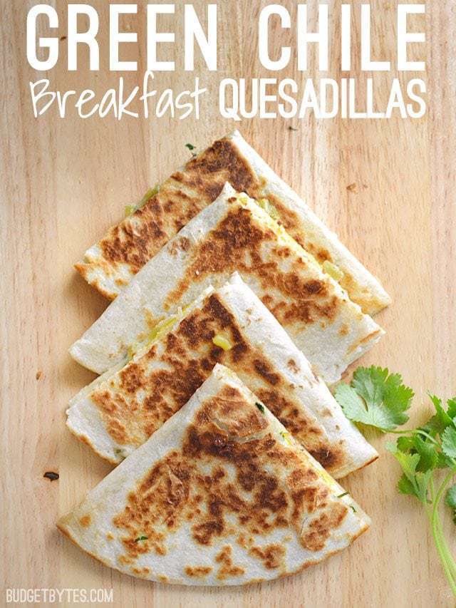Top view of Four slices of Green Chile Breakfast Quesadilla