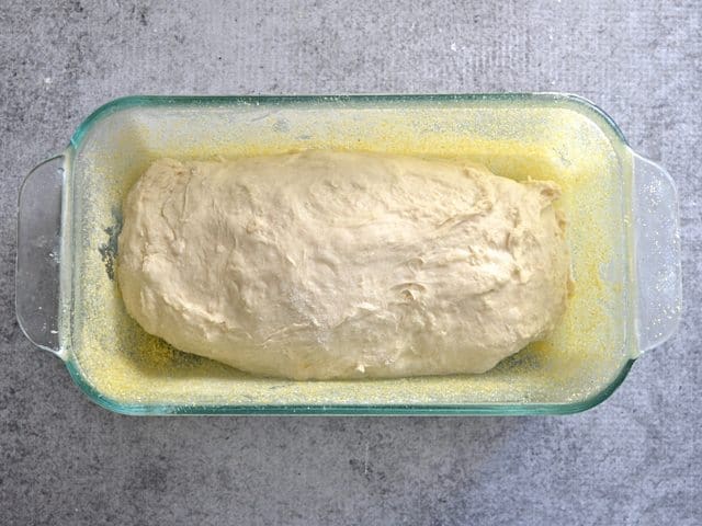 Bread dough placed in coated pan 