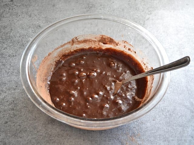 Wet and Dry Ingredients Combined in bowl and stirred together with spoon 