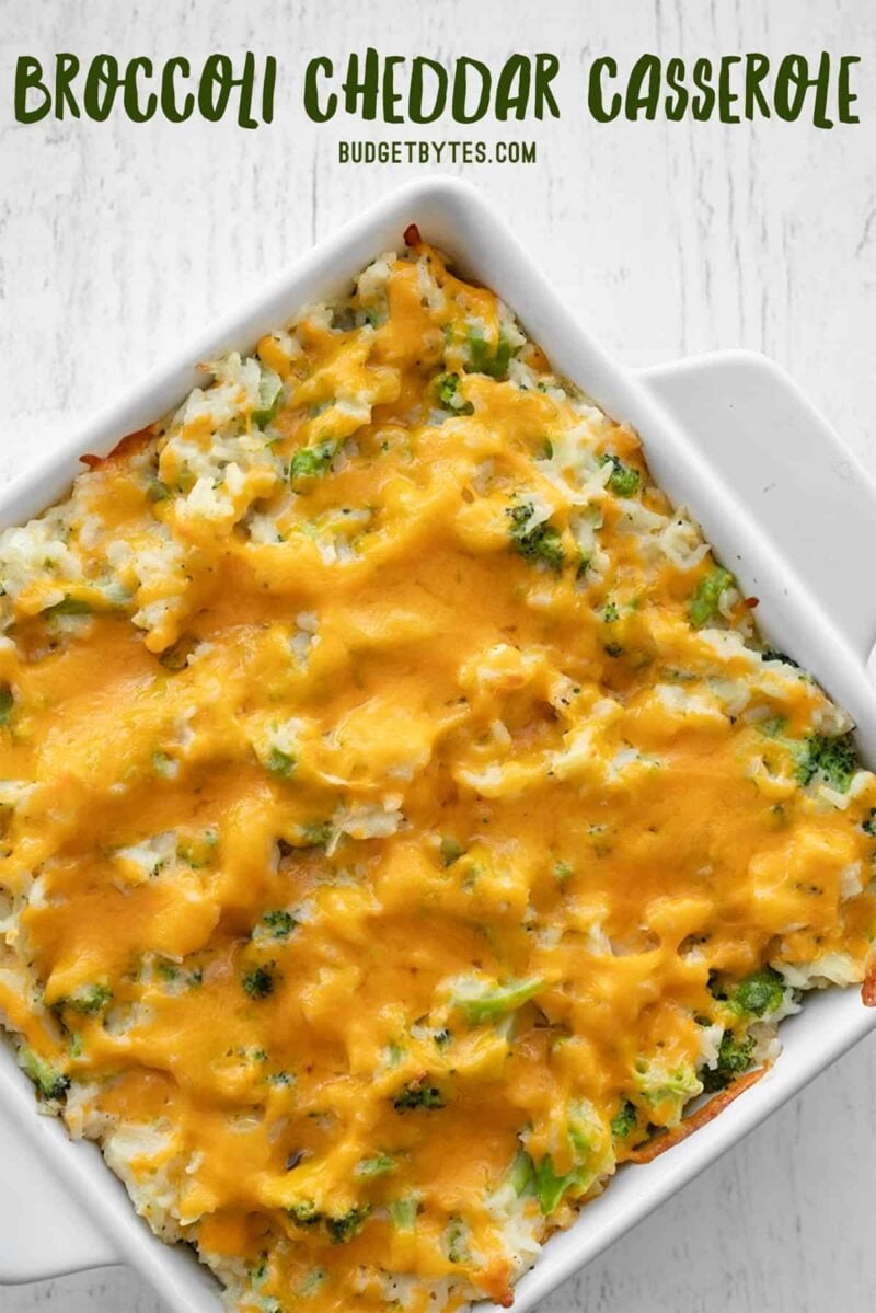 Broccoli cheddar casserole from above with title text at the top