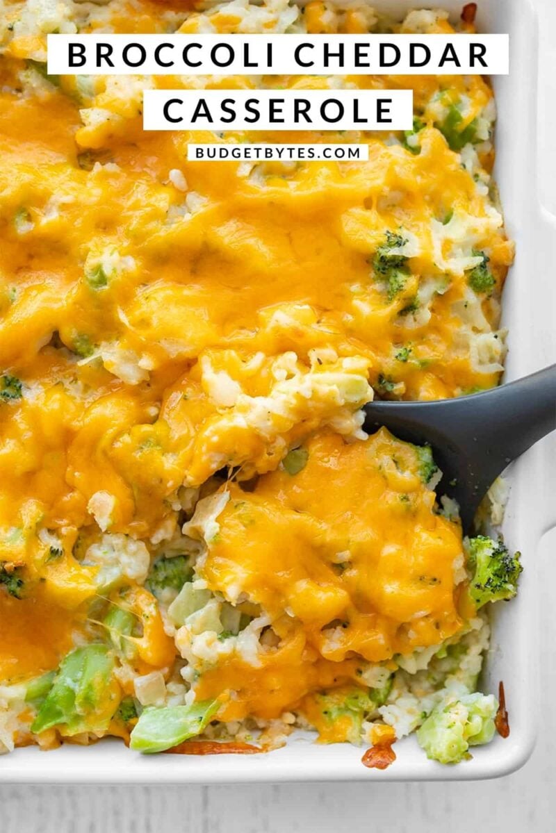 Broccoli Cheddar Casserole being scooped out of the dish, title text at the top