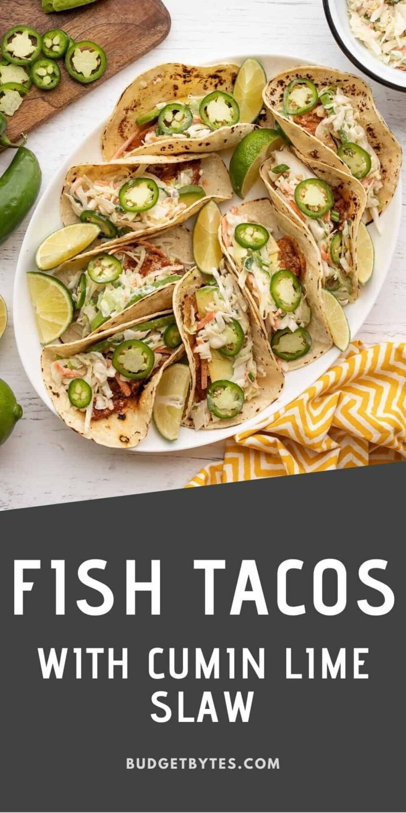 Fish tacos on an oval platter, title text at the bottom