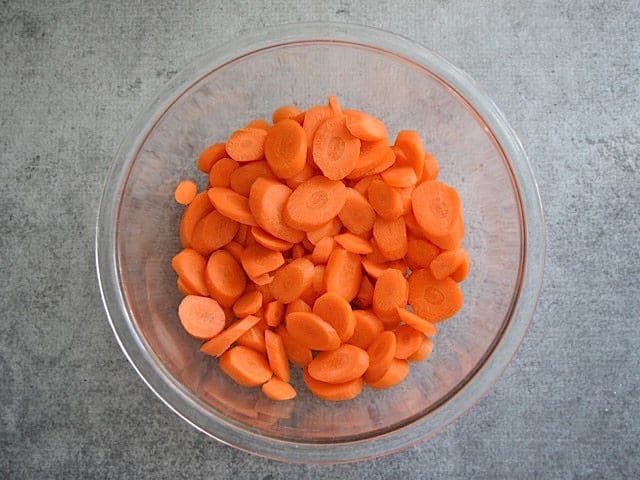 Sliced Carrots in mixing bowl 