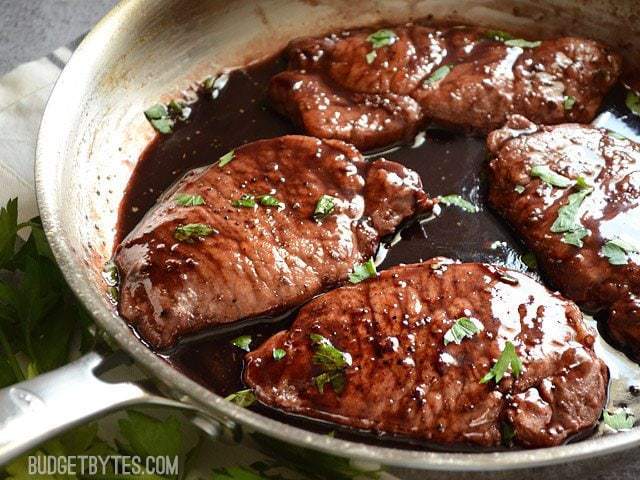 Finished Blackberry Sage Pork Chops in the skillet