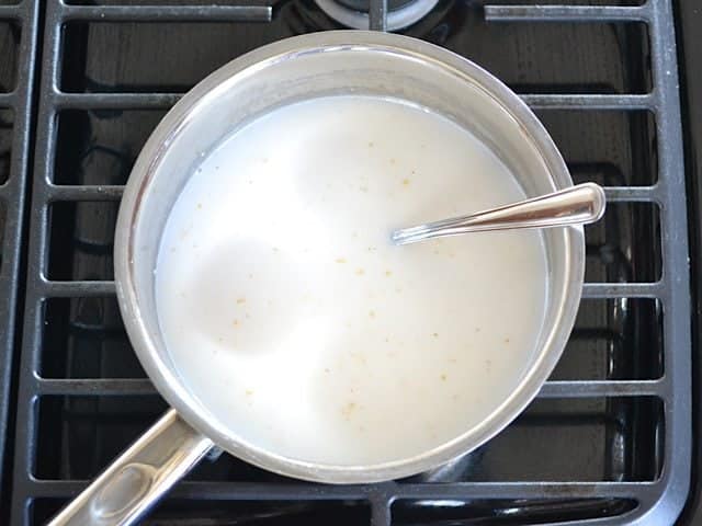 Oats, Coconut Milk, Water and Salt in pot on stove top 