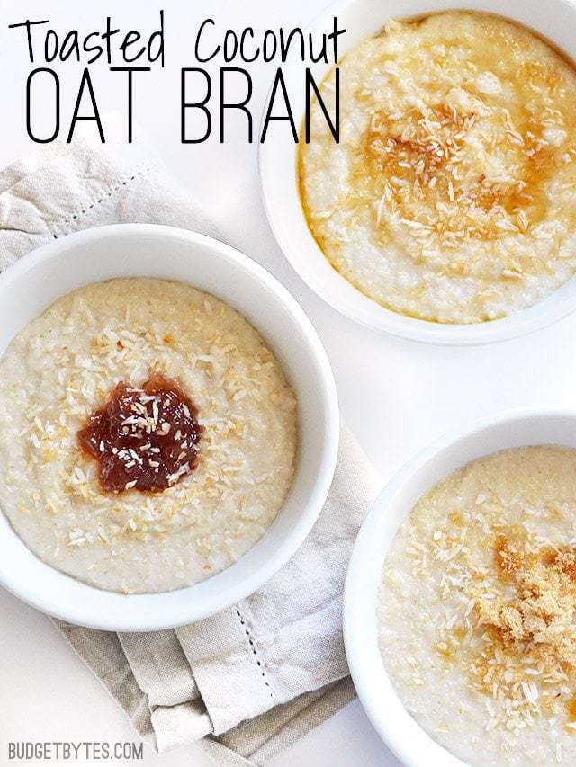 Top view of three bowls of Toasted Coconut Oat Bran 