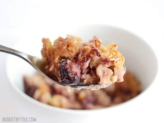 Close up of a spoonful of Apple Cherry Baked Oatmeal