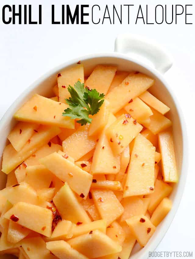 Top view of a dish of Chili Lime Cantaloupe