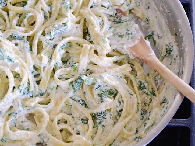 Finished Spinach Ricotta Pasta close up in the skillet