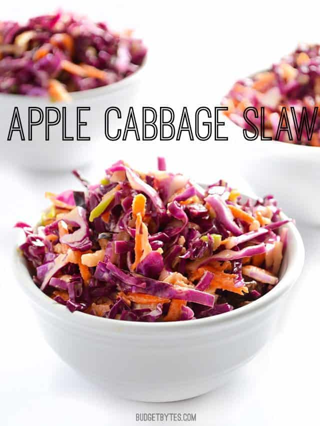 This sweet-tart Apple Cabbage Slaw combines Granny Smith apples, raisins, and a Greek yogurt dressing for a light and fresh twist on classic slaw. Budgetbytes.com Three small bowls of Apple Cabbage Slaw with title text right across the center