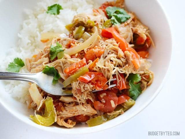 Close up of a bowl of Chicken Ropa Vieja with a fork 