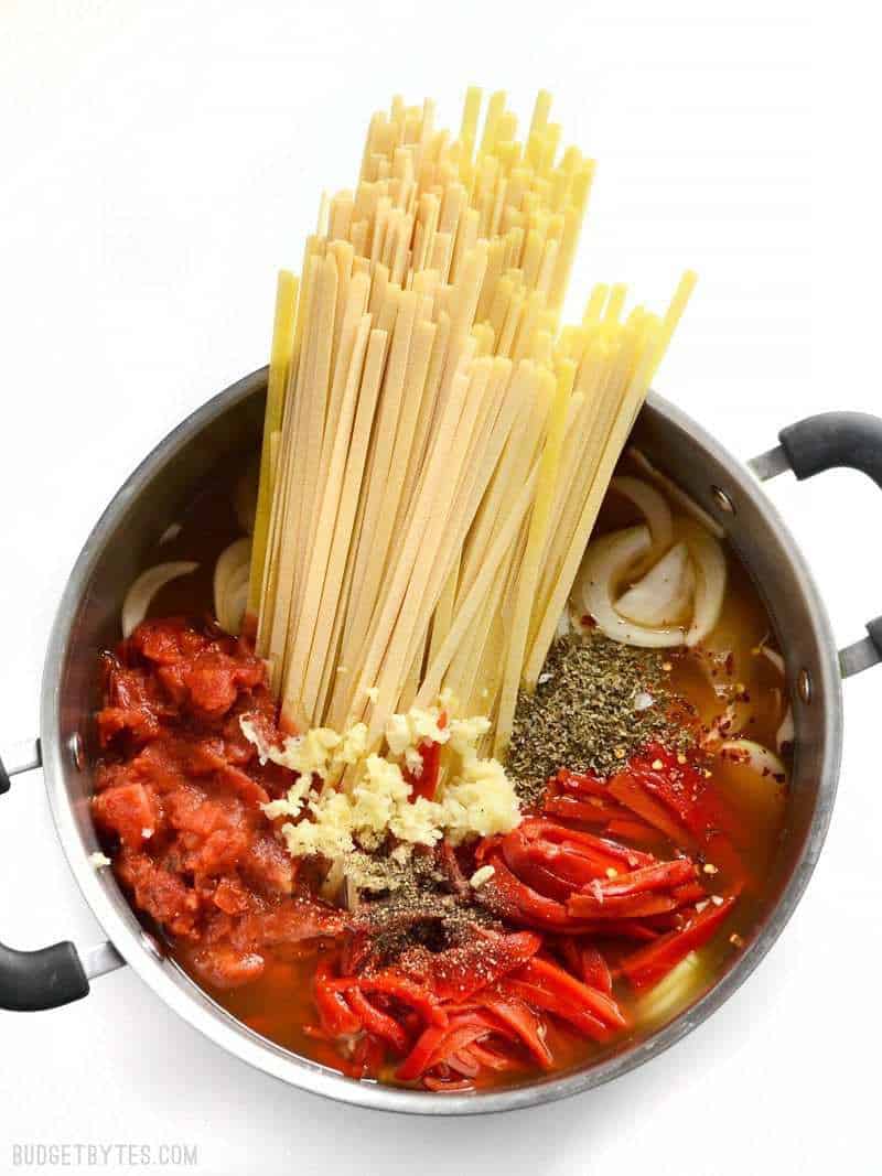 Ingredients for One Pot Roasted Red Pepper Pasta in the pot