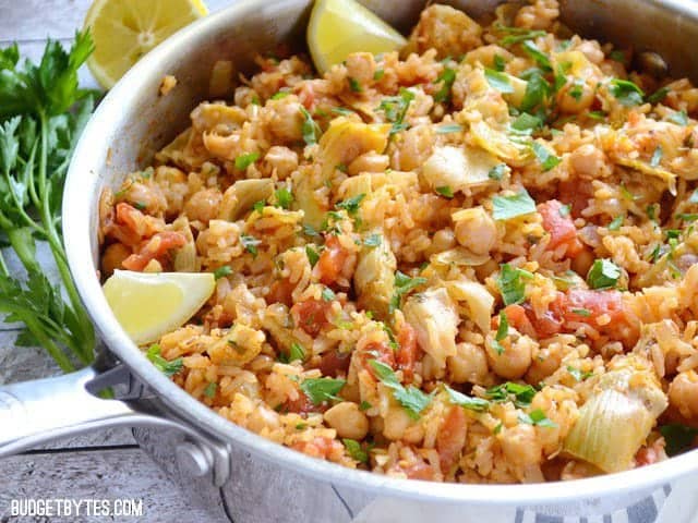 Close side view of Spanish Chickpeas and Rice in the skillet