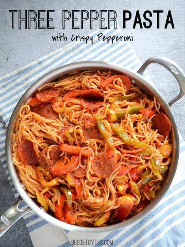 Top view of a pan of Three Pepper Pasta 