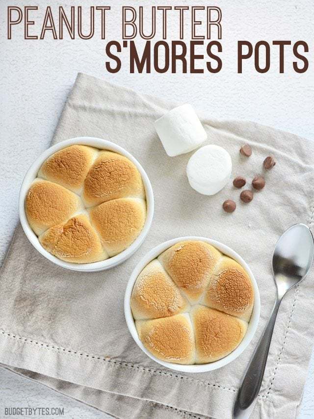 Two Peanut Butter S'mores Pots with a spoon on the side, title text at the top