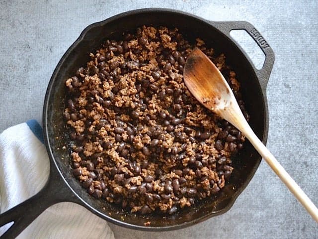 Black beans added to the seasoned beef