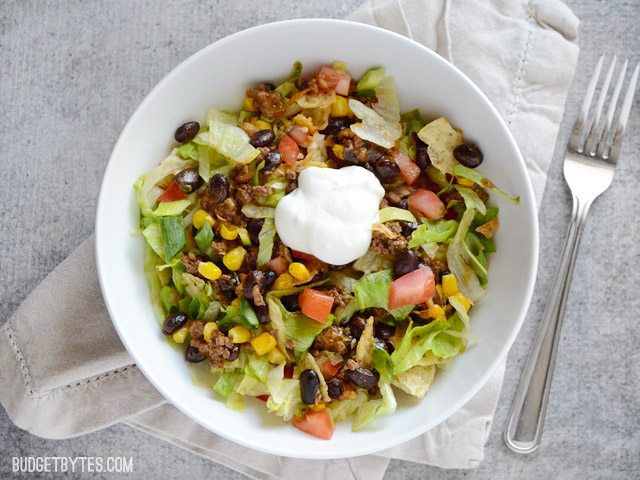 Overhead view of a bowl with one serving of Taco Salad Skillet 