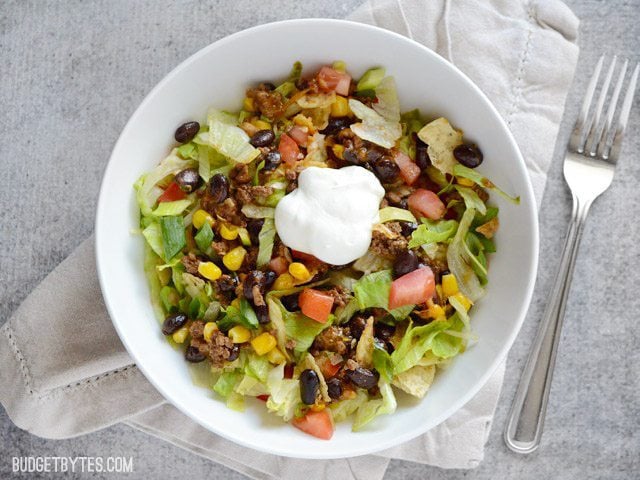 This entire taco salad is served right in the skillet used to cook the seasoned taco beef. Taco Salad Skillet is a fun, fast, and easy weeknight dinner. Budetbytes.com Overhead view of a bowl with one serving of Taco Salad Skillet