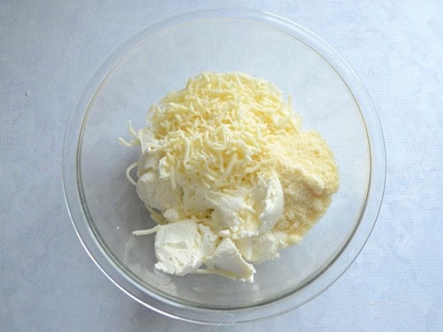 Three Cheeses in a glass mixing bowl