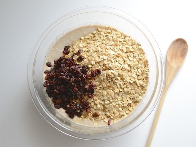 Oats and raisins added to wet ingredients