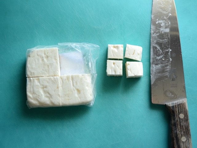 A block of feta cut into cubes