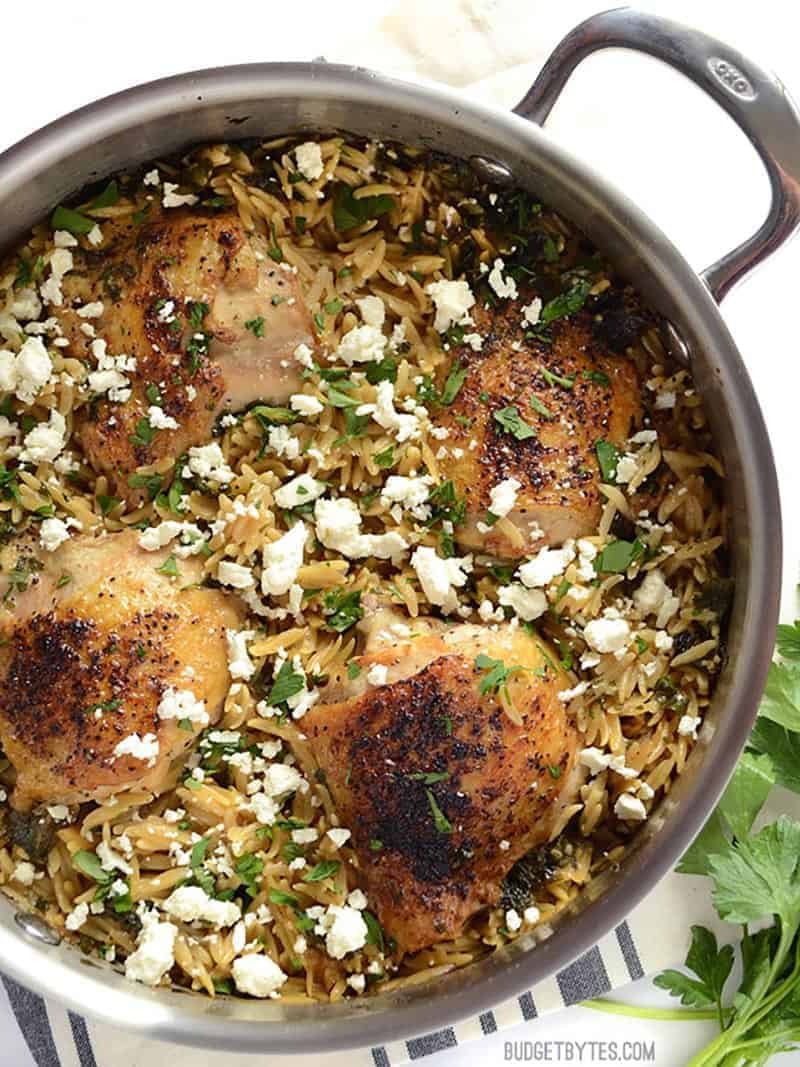 Close up overhead view of Lemon Pepper Chicken with Orzo in the skillet