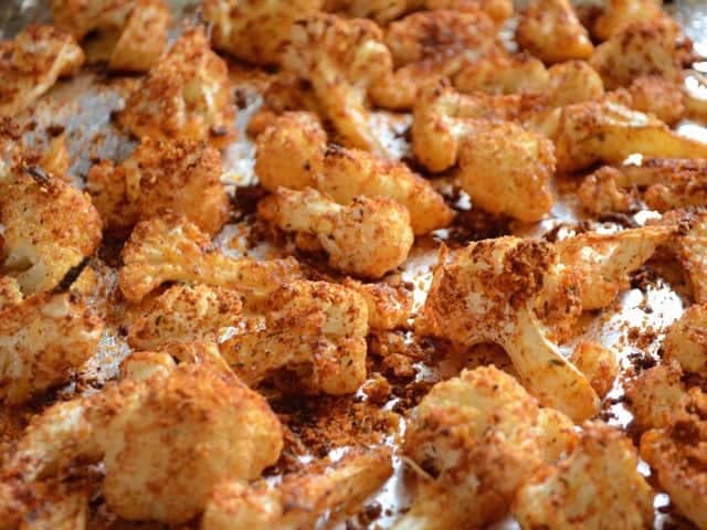 Roasted Cauliflower close up, on the sheet pan