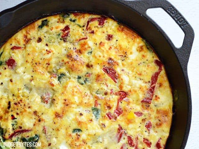 Close up of baked Roasted Red Pepper and Feta Frittata 