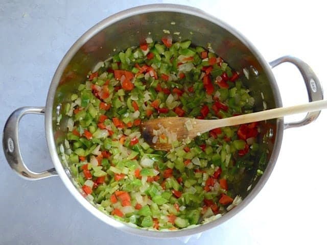 Diced vegetables added to the pot