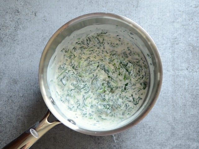FinishedSpinach Cream Sauce in the sauce pot