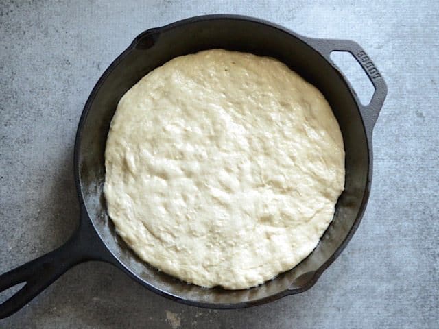 Pizza dough in the cast iron skillet