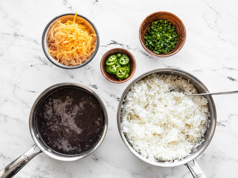 Burrito Bowl components laid out next to eachother