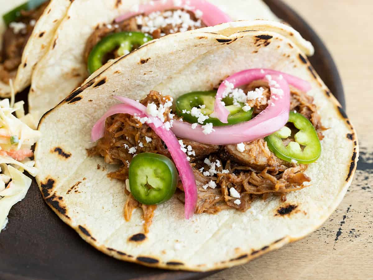 Close up of a chili rubbed pulled pork taco