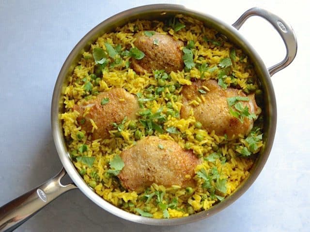 Finished Yellow Rice Chicken Skillet, overhead view