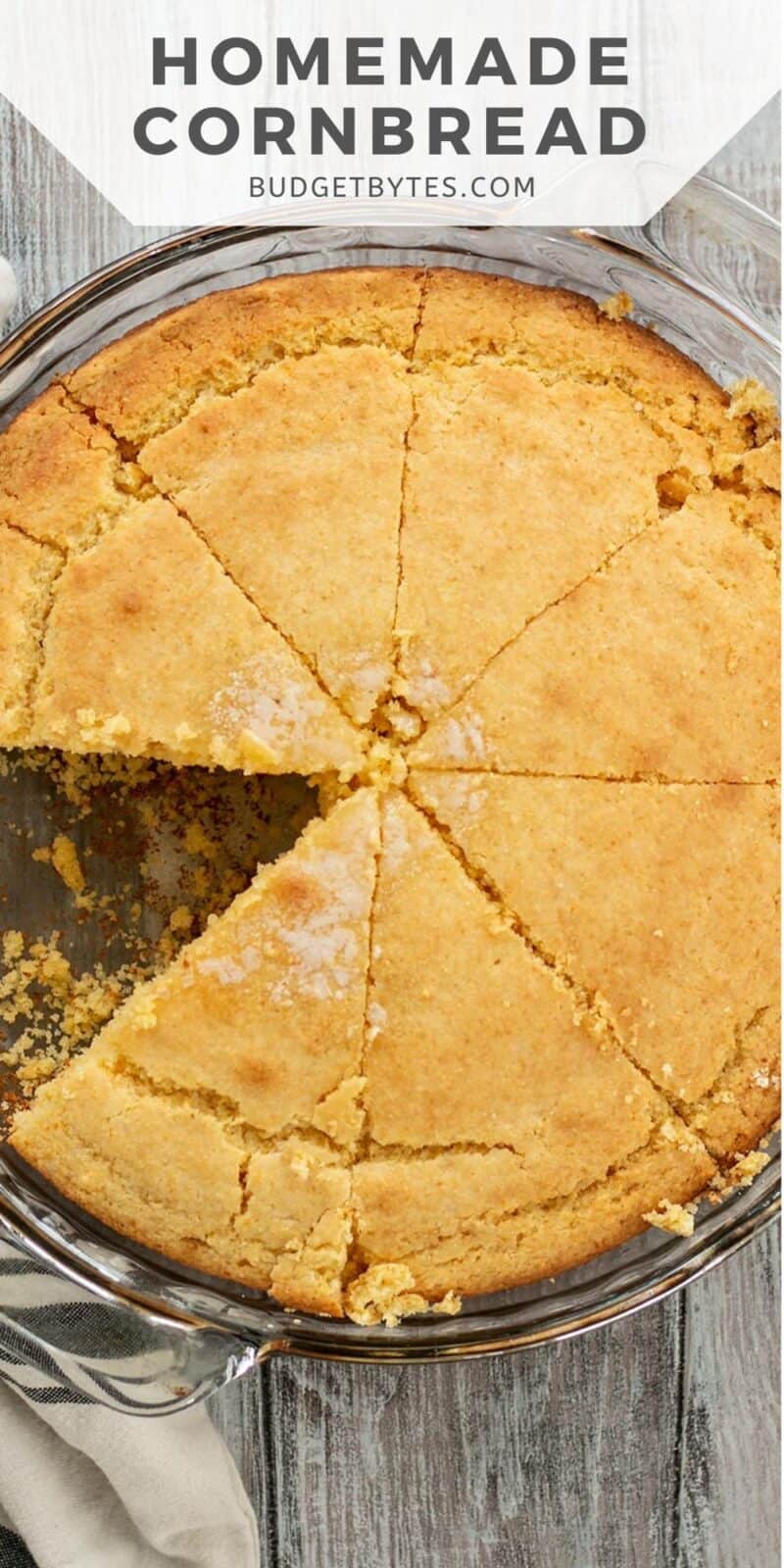 Overhead view of cornbread in the baking dish sliced into pieces.