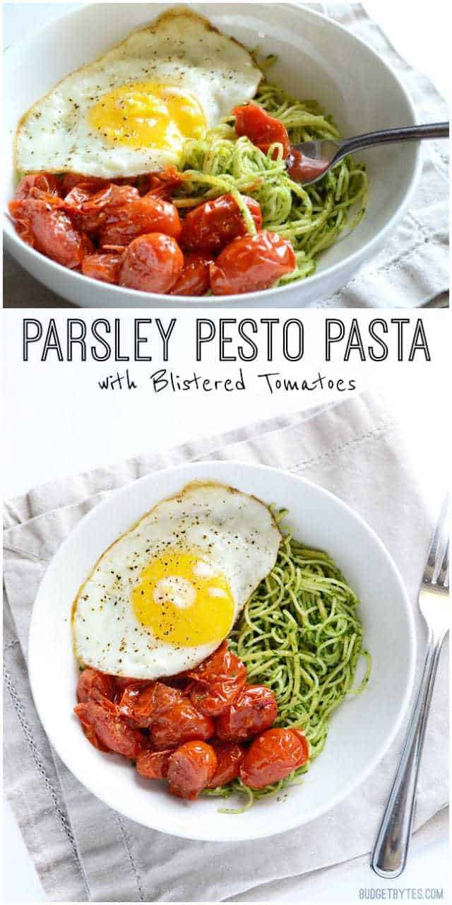 Parsley Pesto Pasta with Blistered Tomatoes - BudgetBytes.com