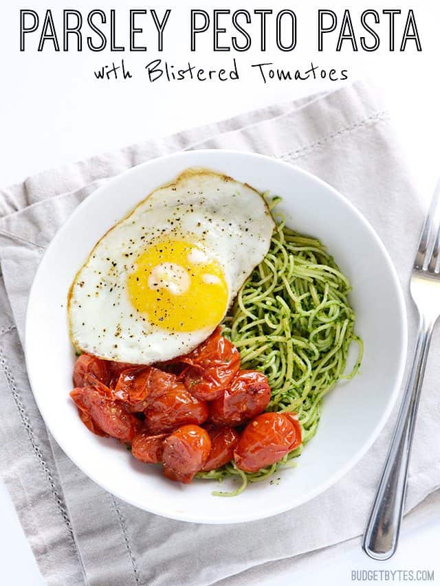 Parsley Pesto Pasta with Blistered Tomatoes - BudgetBytes.com