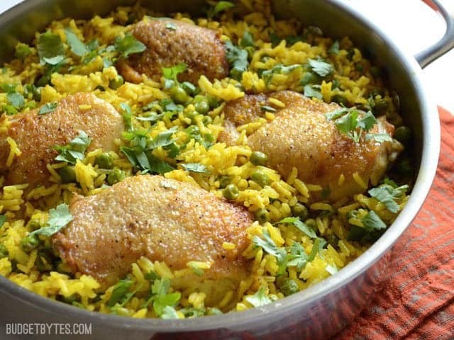 Side view of the finished Yellow Rice Chicken Skillet