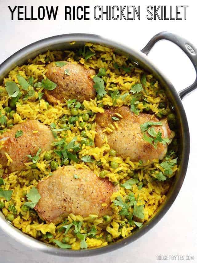 Overhead view of the Yellow Rice Chicken Skillet, title text at the top.