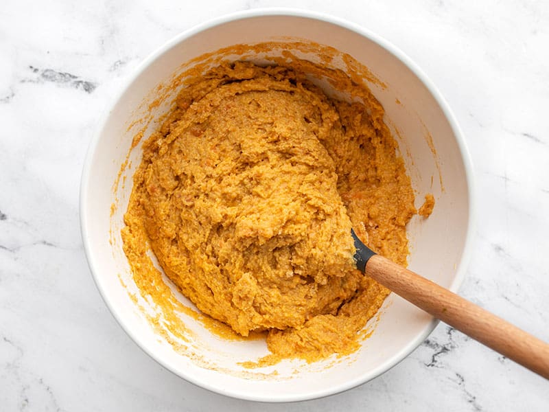 Sweet potato cornbread batter in the bowl