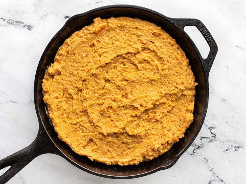 cornbread batter in the hot skillet