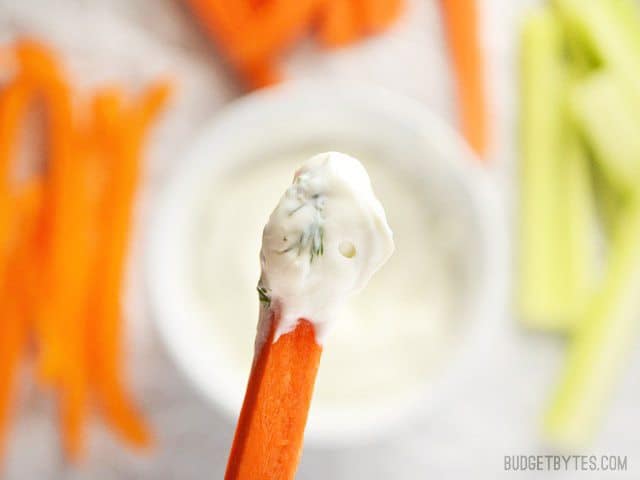 Close up of Dilly Vegetable Dip on a carrot stick