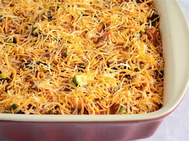 Side view of finished layers in the casserole dish, not baked