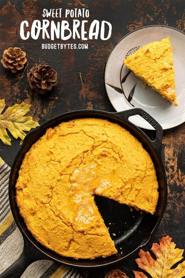 sweet potato cornbread with one slice on a plate on the side