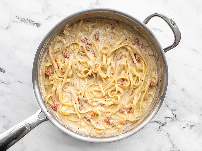 Finished creamy sun dried tomato pasta in the skillet