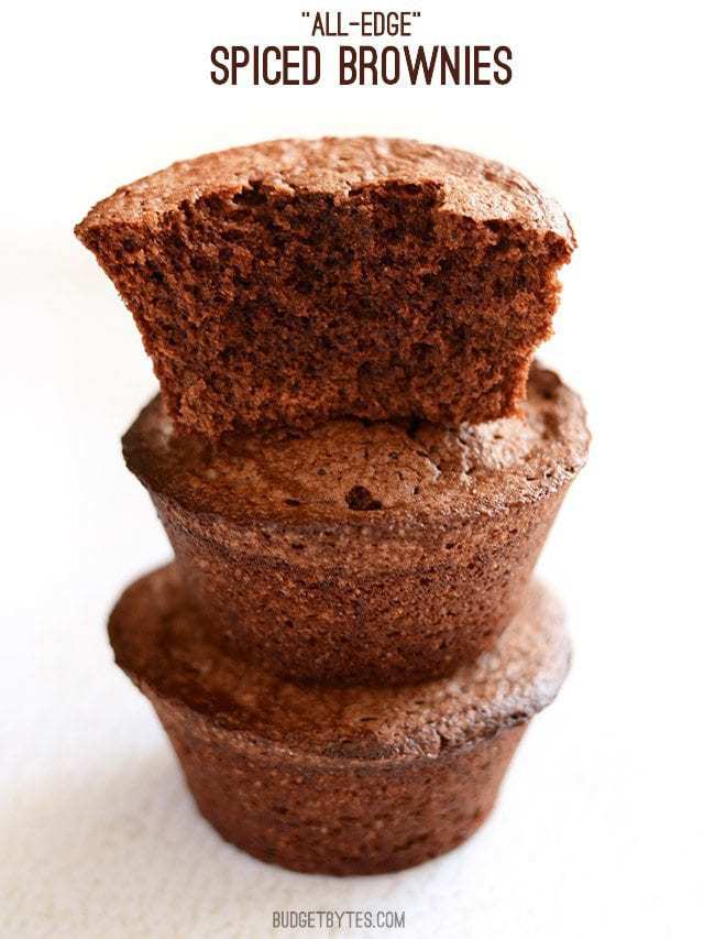 Three stacked spicy brownies, title text at the top